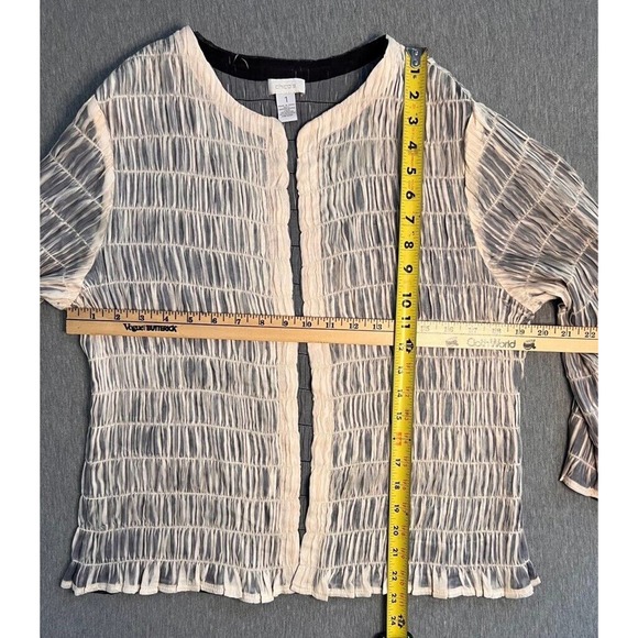 Chicos Womens Open Front Cardigan Jacket Blue Ivory Waist Length Pintucked 1 - Picture 6 of 7